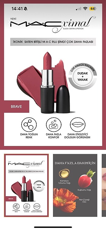 Beden pembe Renk MAC Macximal Sleek Satin Ruj 802 Brave