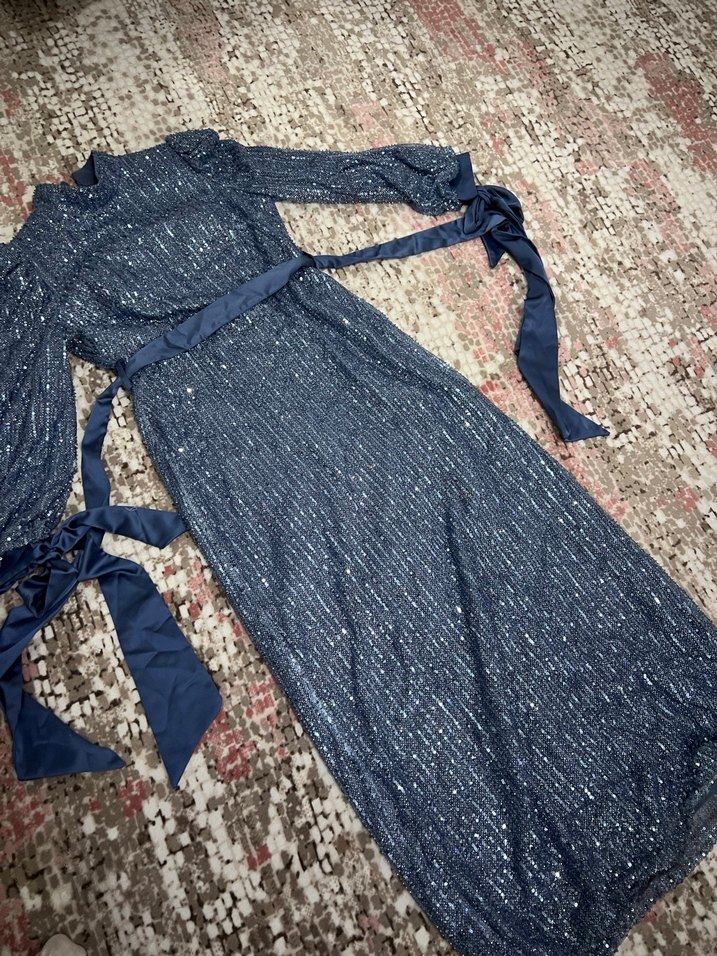 Lacivert Drapeli Uzun Abiye Elbise - Görsel 3