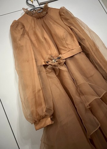 Bej Vintage Bohem Uzun Abiye Elbise - Görsel 2