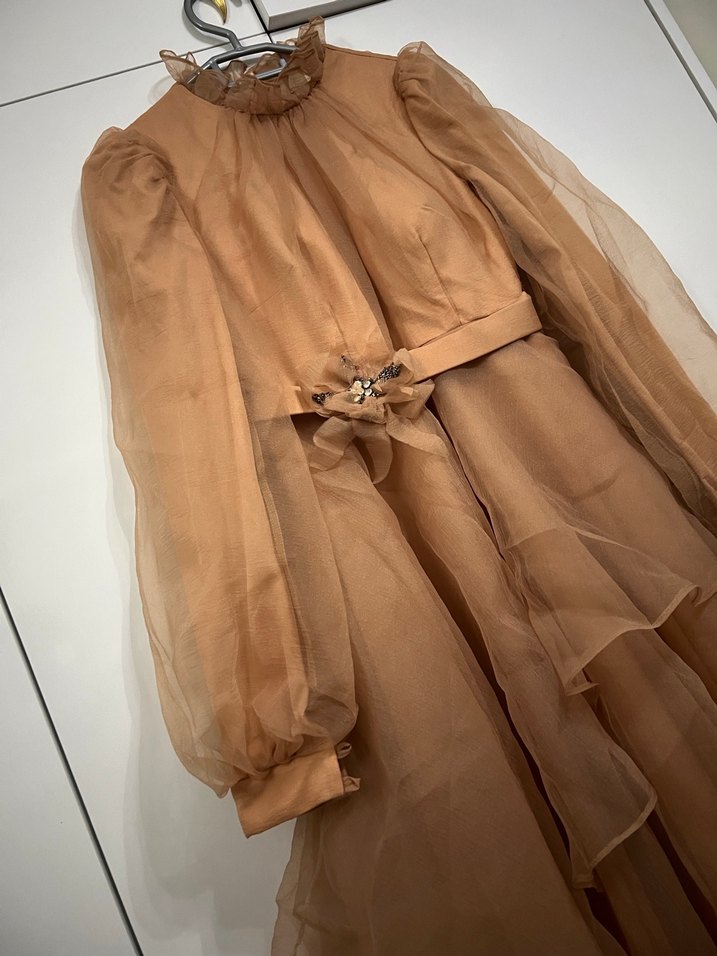 Bej Vintage Bohem Uzun Abiye Elbise - Görsel 2