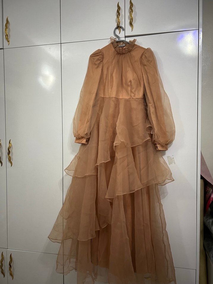 Bej Vintage Bohem Uzun Abiye Elbise - Görsel 3