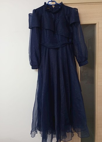 Lacivert Drapeli Uzun Elbise - Görsel 2