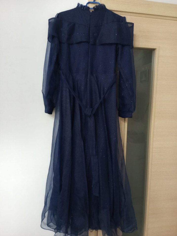 Lacivert Drapeli Uzun Elbise - Görsel 3