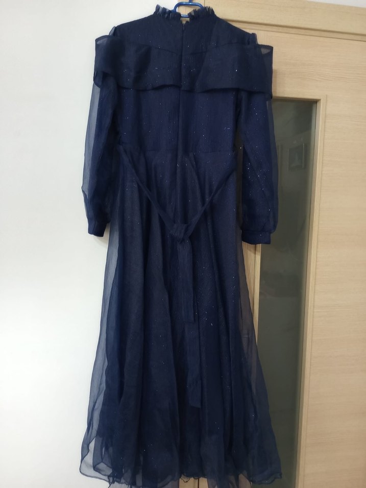 Lacivert Drapeli Uzun Elbise - Görsel 5