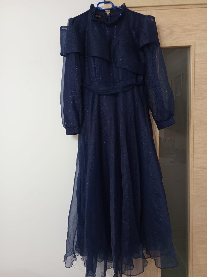 Lacivert Drapeli Uzun Elbise - Görsel 2