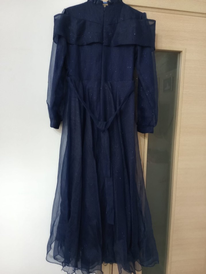 Lacivert Drapeli Uzun Elbise - Görsel 4