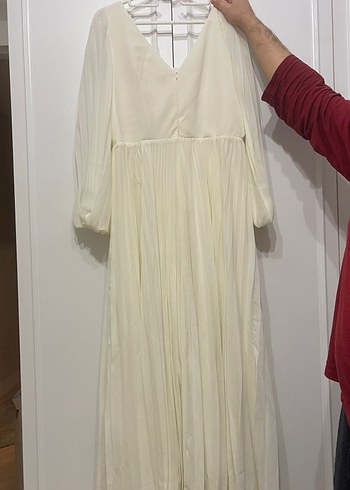 Beyaz Drapeli Uzun Kollu Bohem Nişan Elbisesi - Görsel 3