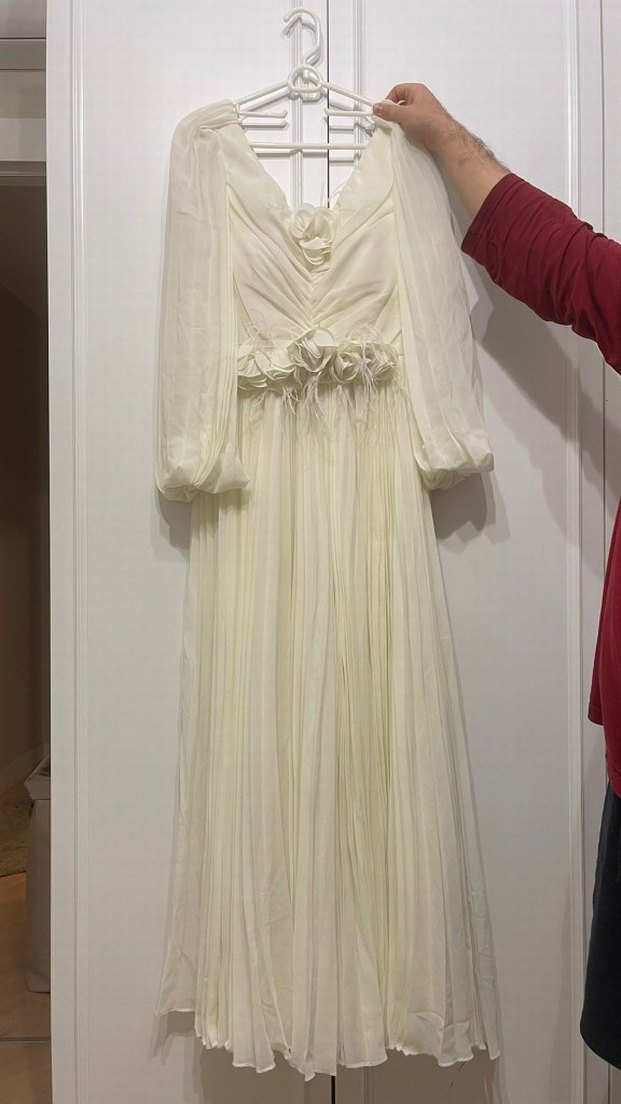 Beyaz Drapeli Uzun Kollu Bohem Nişan Elbisesi - Görsel 2