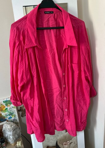 Düğmeli Pembe Keten oversize Kadın Gömlek