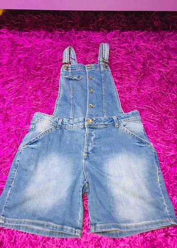 Renkli Batik Desenli Mavi Kot Kız Salopet - Görsel 2