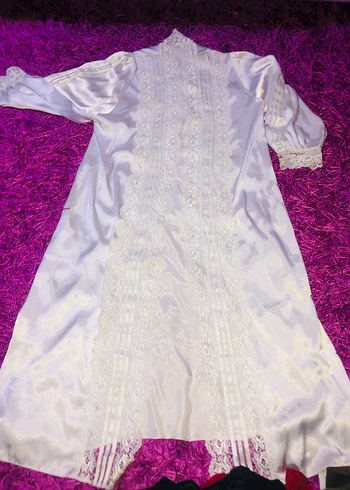 Vintage Uzun Kollu Beyaz Nakışlı Kadın Uzun Elbise - Görsel 4