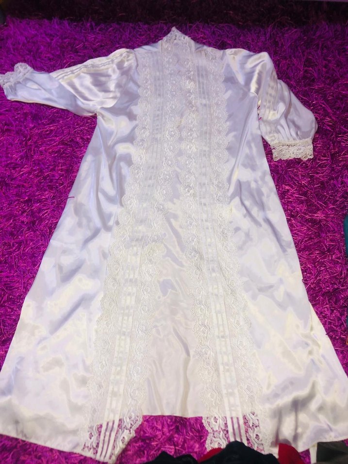 Vintage Uzun Kollu Beyaz Nakışlı Kadın Uzun Elbise - Görsel 4