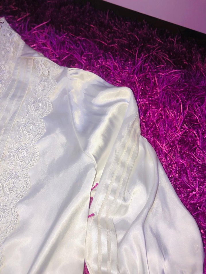 Vintage Uzun Kollu Beyaz Nakışlı Kadın Uzun Elbise - Görsel 2