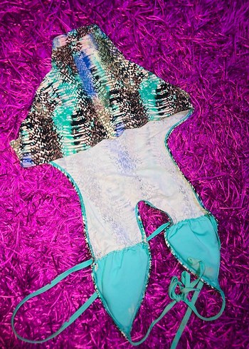 Renkli Yılan Desenli Dantel Detaylı Kadın Mayo - Görsel 4