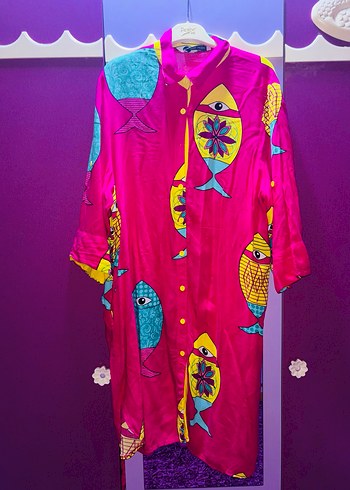 Renkli Balık Desenli Uzun Kadın Elbise - Görsel 4