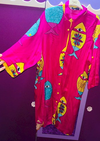 Renkli Balık Desenli Uzun Kadın Elbise - Görsel 5