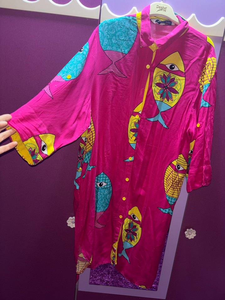 Renkli Balık Desenli Uzun Kadın Elbise - Görsel 3