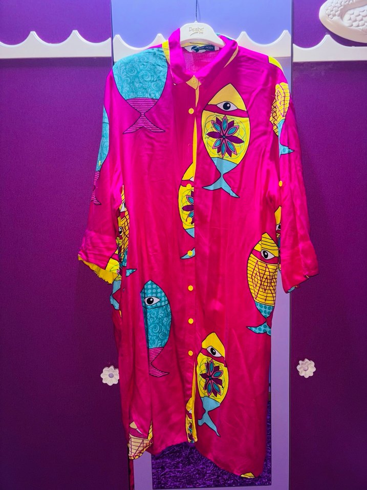 Renkli Balık Desenli Uzun Kadın Elbise - Görsel 4