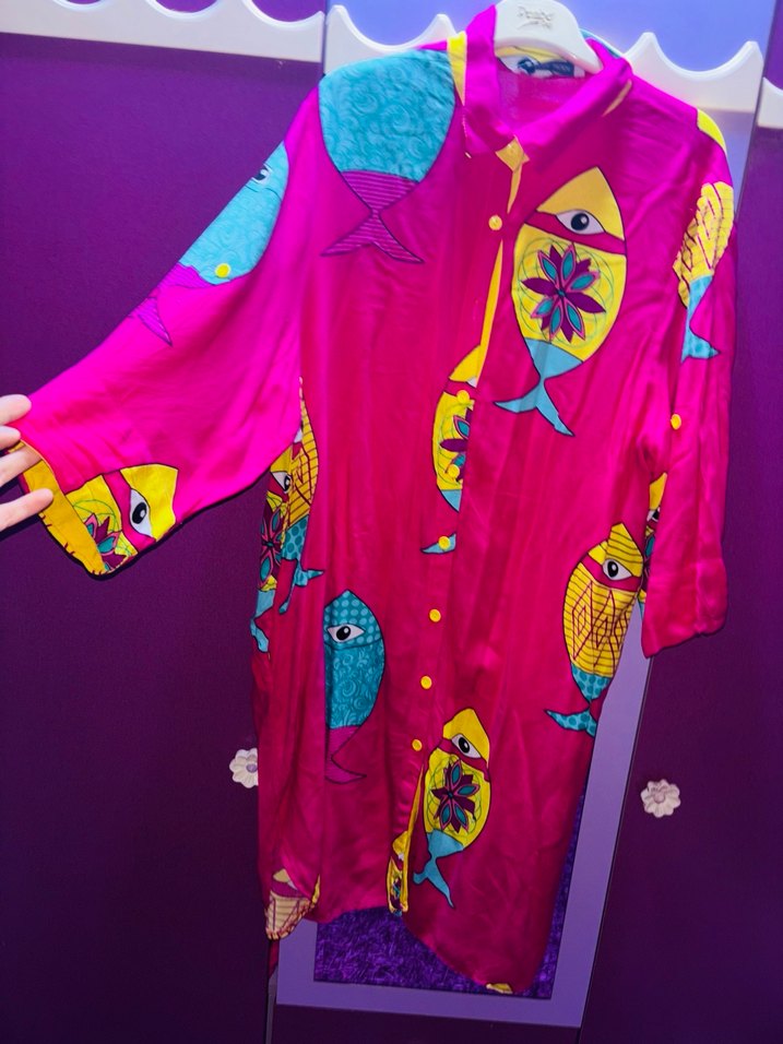 Renkli Balık Desenli Uzun Kadın Elbise - Görsel 2