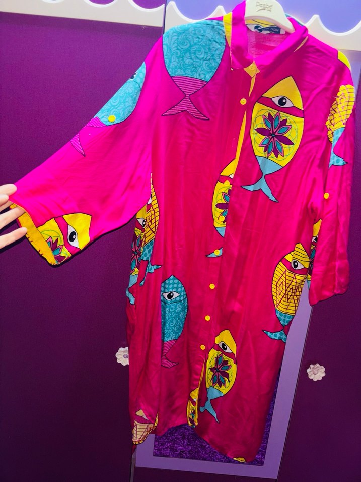 Renkli Balık Desenli Uzun Kadın Elbise - Görsel 5