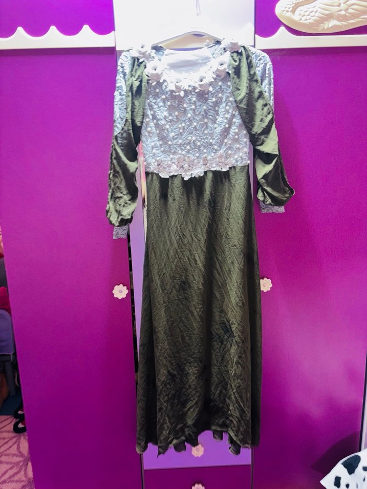 Nakışlı Uzun Kollu Haki Kadın Elbise - Görsel 3