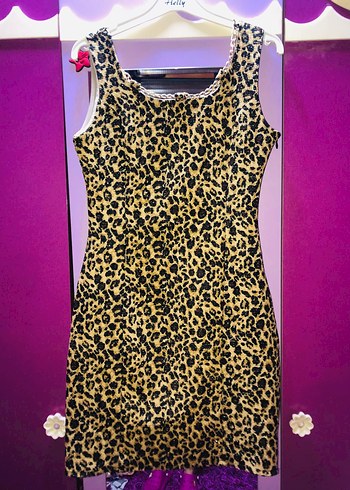Leopar Desenli Dantelli Kolsuz Mini Elbise