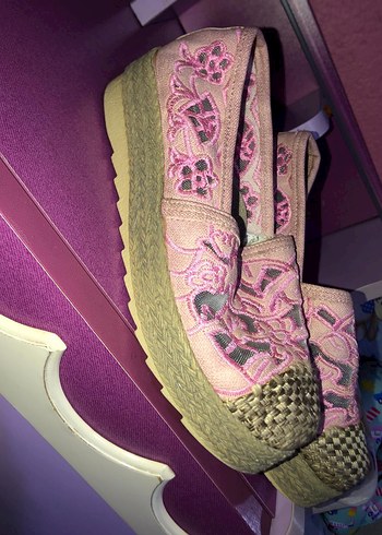 Pembe Nakışlı Bohem Kadın Dolgu Topuk Espadril - Görsel 3