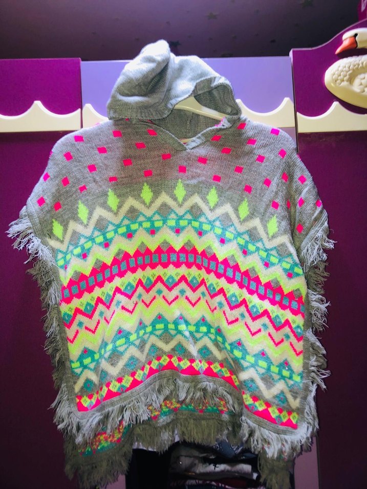 Renkli Etnik Desenli Bohem Kız Panço - Görsel 3