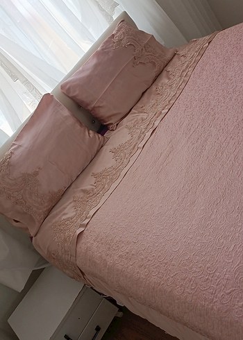 Pembe Düz Renk Yatak Örtüsü fıransız pike takımı - Görsel 6
