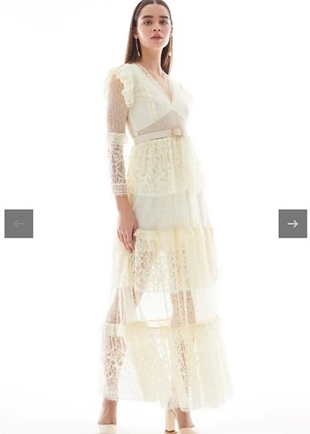 ADL Dantel İşlemeli Bohem Uzun Krem Tasarım Elbise - Görsel 8