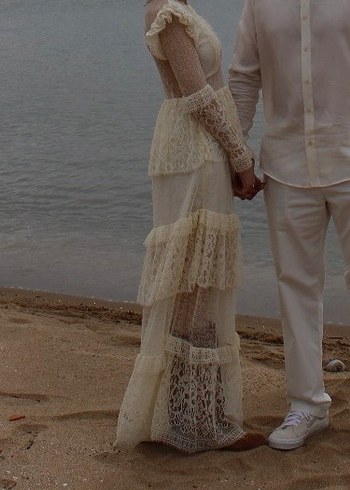 ADL Dantel İşlemeli Bohem Uzun Krem Tasarım Elbise - Görsel 2