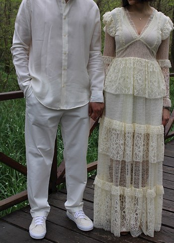 ADL Dantel İşlemeli Bohem Uzun Krem Tasarım Elbise - Görsel 4