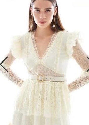 ADL Dantel İşlemeli Bohem Uzun Krem Tasarım Elbise - Görsel 7