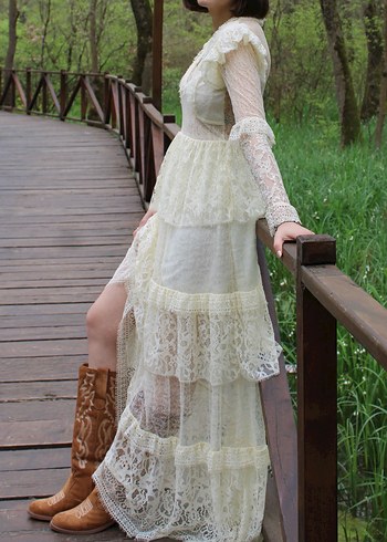 ADL Dantel İşlemeli Bohem Uzun Krem Tasarım Elbise - Görsel 3