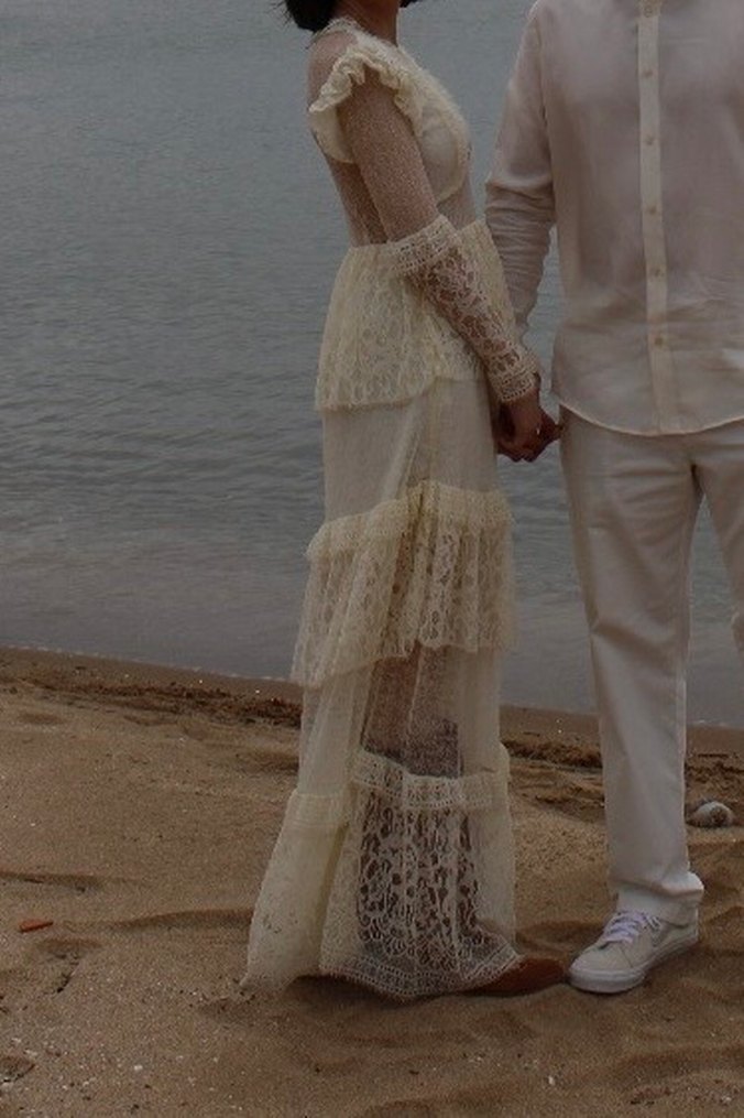 ADL Dantel İşlemeli Bohem Uzun Krem Tasarım Elbise - Görsel 2