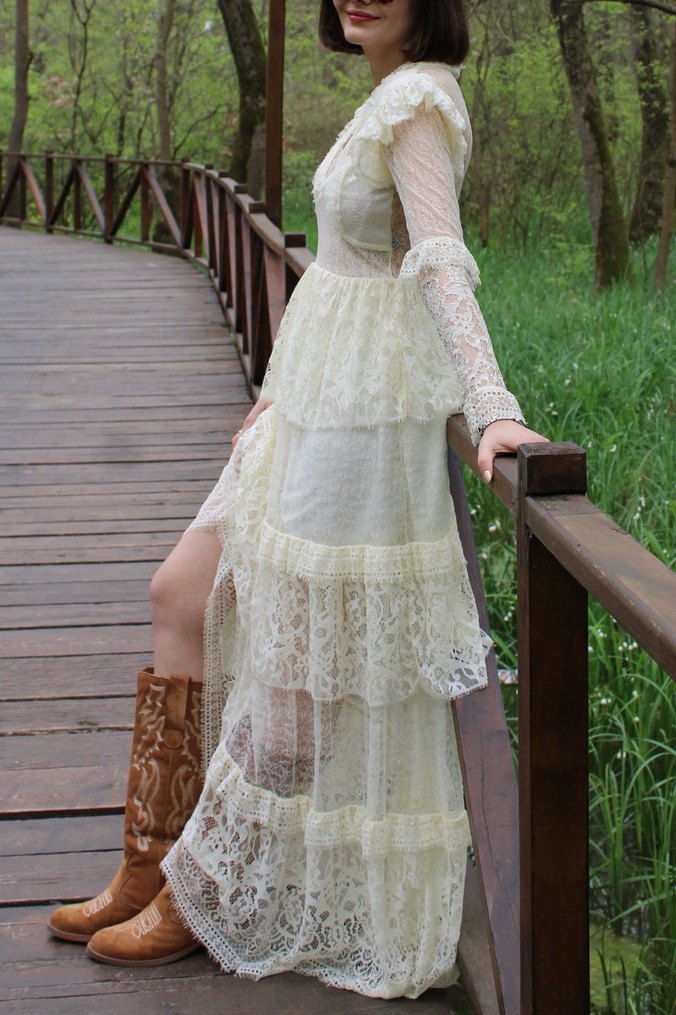 ADL Dantel İşlemeli Bohem Uzun Krem Tasarım Elbise - Görsel 3