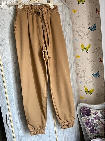 Krem pantolon s beden beli lastikli