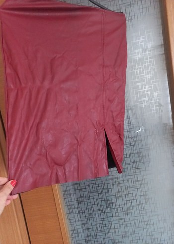 Bordo Deri Drapeli Hamile Midi Etek - Görsel 4