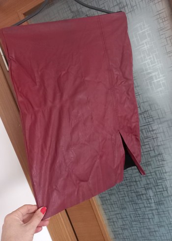 Bordo Deri Drapeli Hamile Midi Etek - Görsel 2