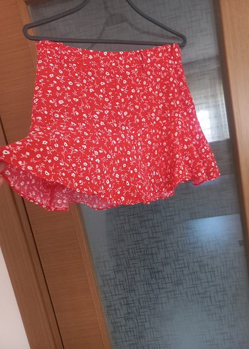Kırmızı Mini Etek, Fırfırlı, Bol Kesim