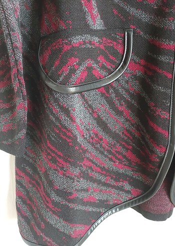 40 Beden bordo Renk Bordo Triko Zebra Desenli Fermuarlı Uzun Ceket