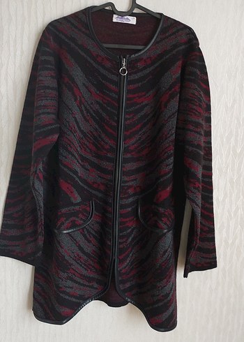 Bordo Triko Zebra Desenli Fermuarlı Uzun Ceket