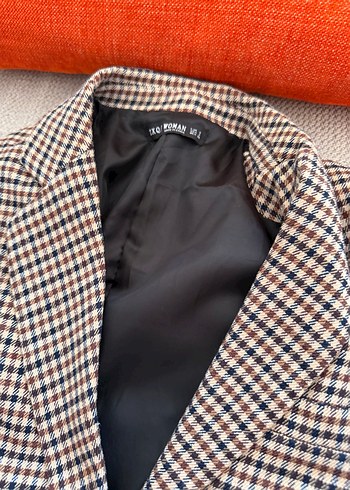 s Beden Kahverengi Ekose Düğmeli Kadın Blazer