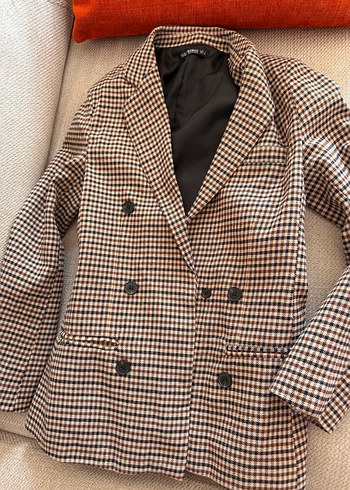 Kahverengi Ekose Düğmeli Kadın Blazer