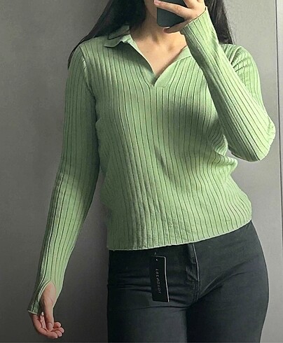 s Beden yeşil Renk Polo Yaka Triko Bluz