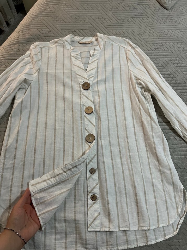 Düğmeli Beyaz Keten Bohem Kadın Gömlek - Görsel 2