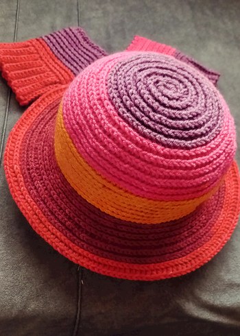 Renkli Örgü Bohem Kadın şapka ve Eldivenleri - Görsel 3