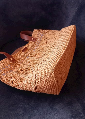 Bej Dantel motif Detaylı hasır Örgü Kadın Çanta - Görsel 6