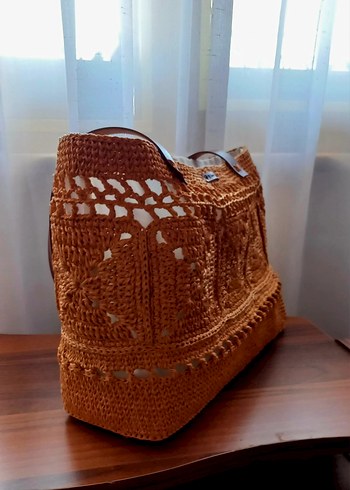 Bej Dantel motif Detaylı hasır Örgü Kadın Çanta - Görsel 5
