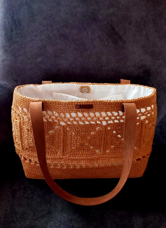 Bej Dantel motif Detaylı  hasır Örgü Kadın Çanta - Görsel 2